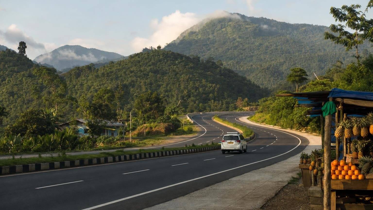 Highway winding through green forested hills on the drive from Guwahati to Shillong, with a roadside fruit stall
