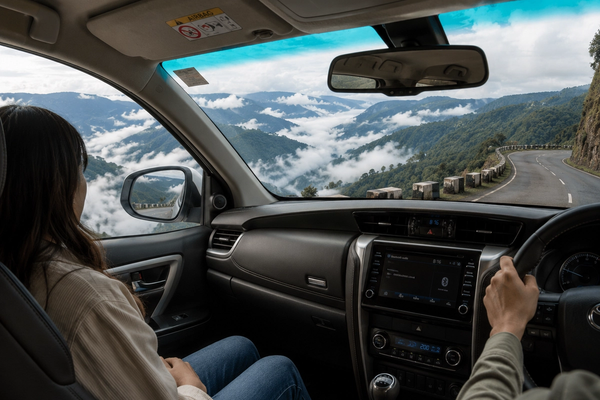 Interior view of a touring vehicle driving along a high mountain cliff road in Meghalaya with a passenger looking out at a deep green river valley filled with rolling white clouds
