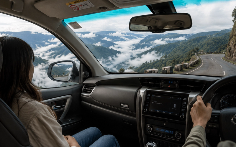 Interior view of a touring vehicle driving along a high mountain cliff road in Meghalaya with a passenger looking out at a deep green river valley filled with rolling white clouds
