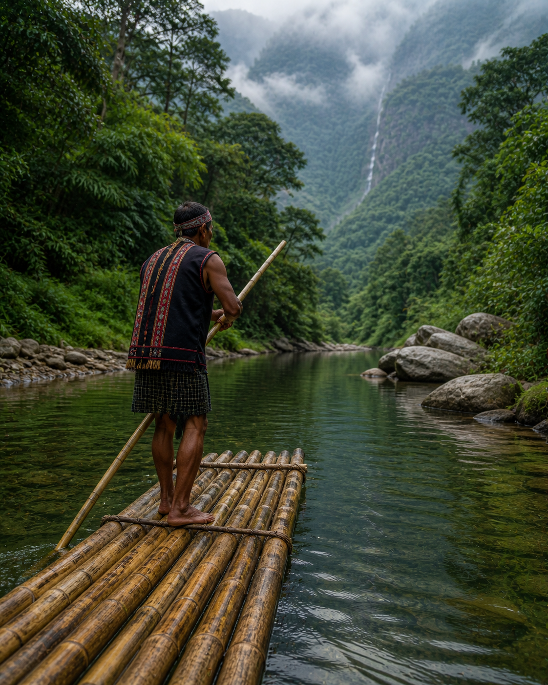 A local Garo tribal guide steering a traditional bamboo raft through a quiet river section in the South Garo Hills."