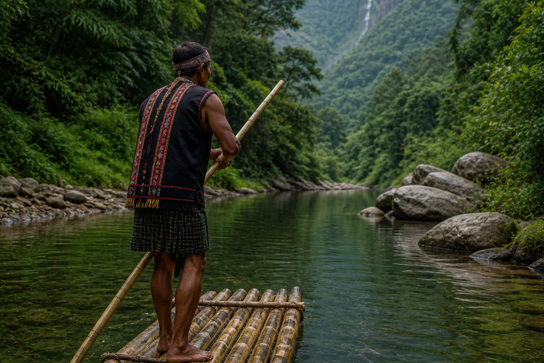 A local Garo tribal guide steering a traditional bamboo raft through a quiet river section in the South Garo Hills."