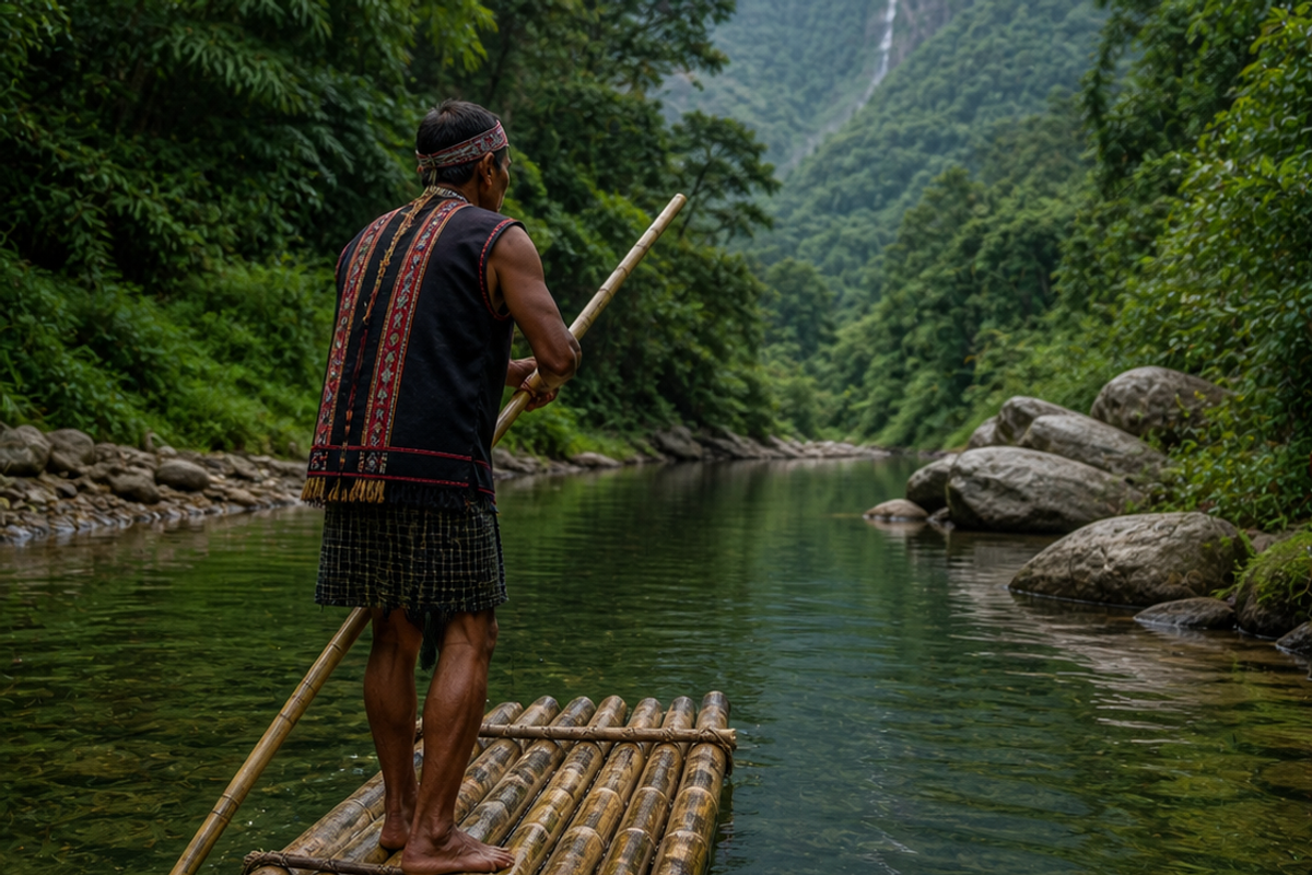 A local Garo tribal guide steering a traditional bamboo raft through a quiet river section in the South Garo Hills."