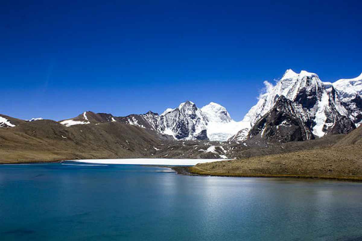 A high-authority shot of Gurudongmar Lake in North Sikkim, showing the turquoise water against the backdrop of snow-capped Himalayan peaks.