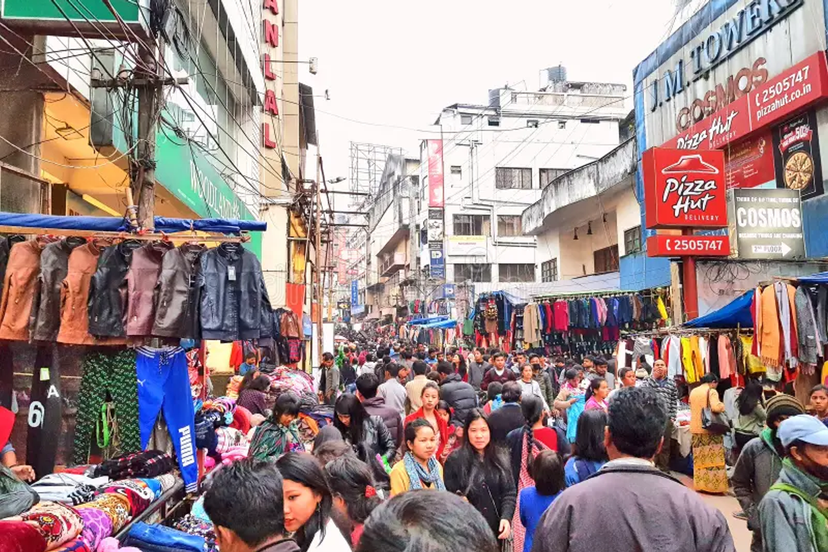 A busy evening at Police Bazar Shillong with tourists and locals shopping at street stalls