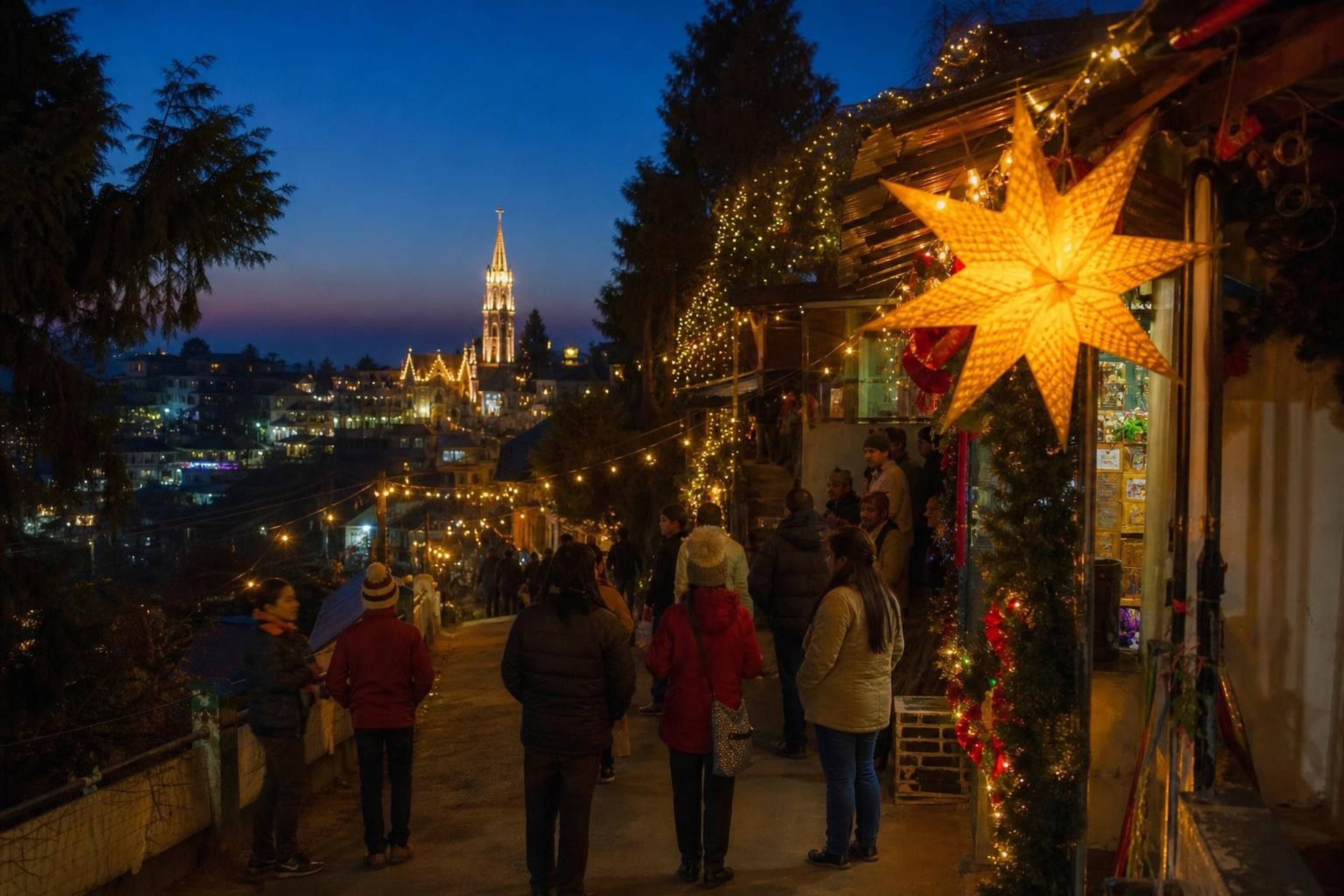 A sloping hill-town street strung with fairy lights and a glowing star lantern on a December evening