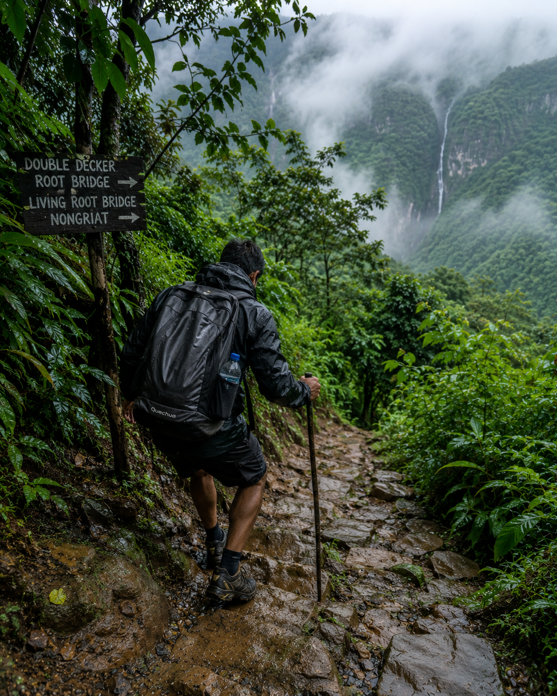 A hiker navigating a steep, mud-and-stone jungle trail surrounded by dense tropical foliage in Meghalaya."