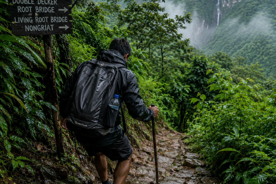 A hiker navigating a steep, mud-and-stone jungle trail surrounded by dense tropical foliage in Meghalaya."