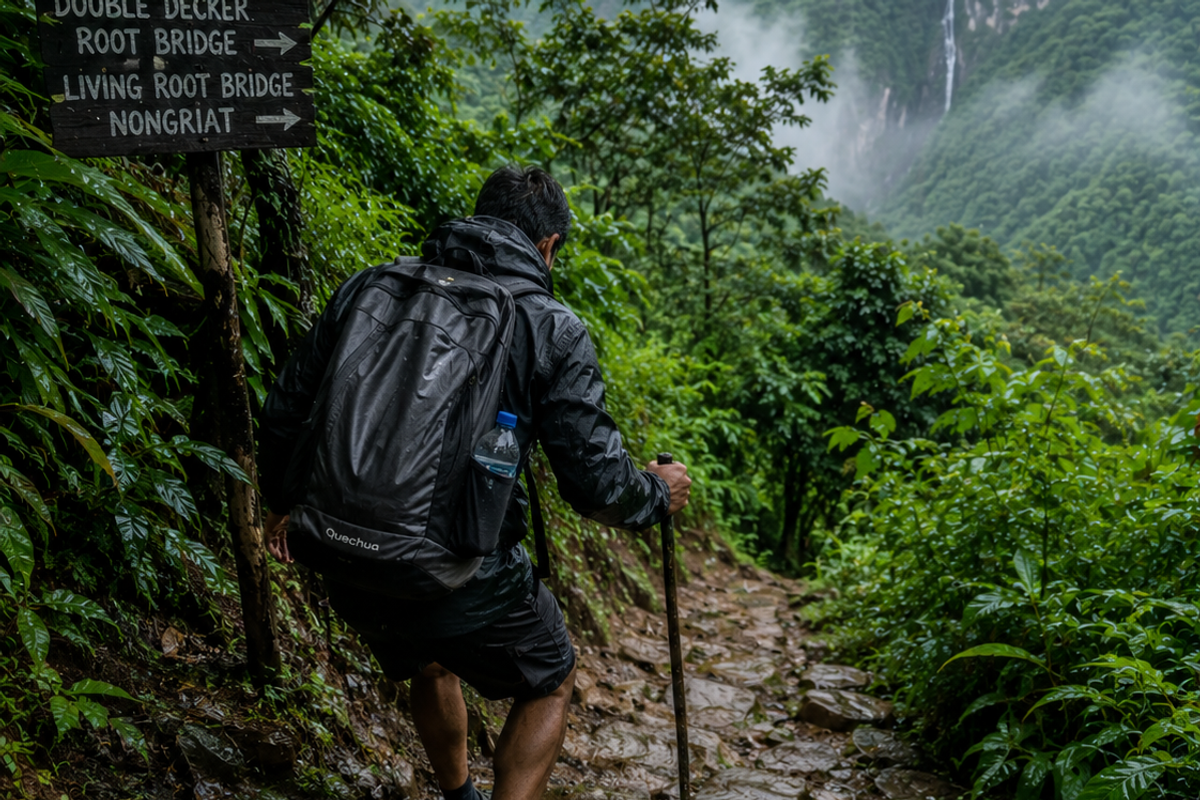A hiker navigating a steep, mud-and-stone jungle trail surrounded by dense tropical foliage in Meghalaya."