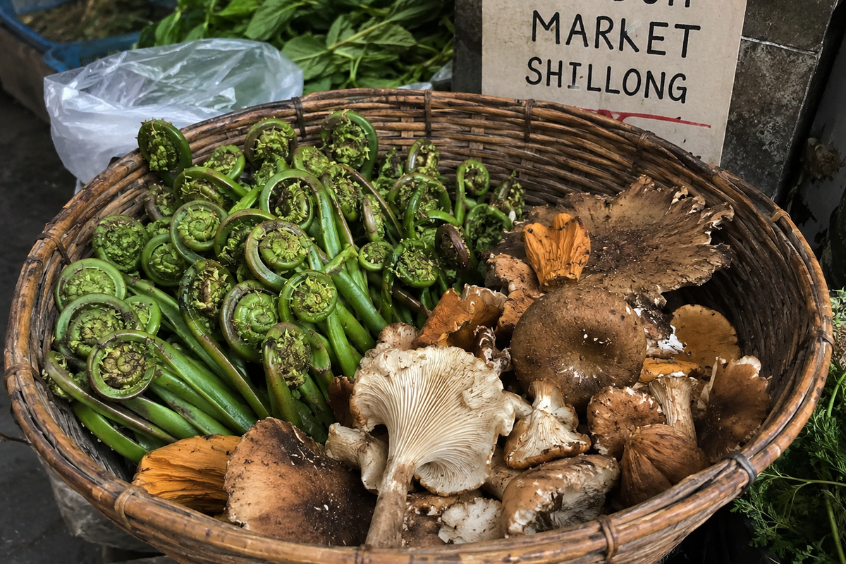 "A basket of foraged wild fiddlehead ferns and forest mushrooms at Iew Duh market in Shillong."