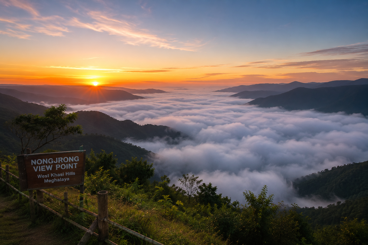 A breathtaking sunrise view over a thick white sea of clouds filling a massive mountain valley below the Nongjrong viewpoint ridge in Meghalaya