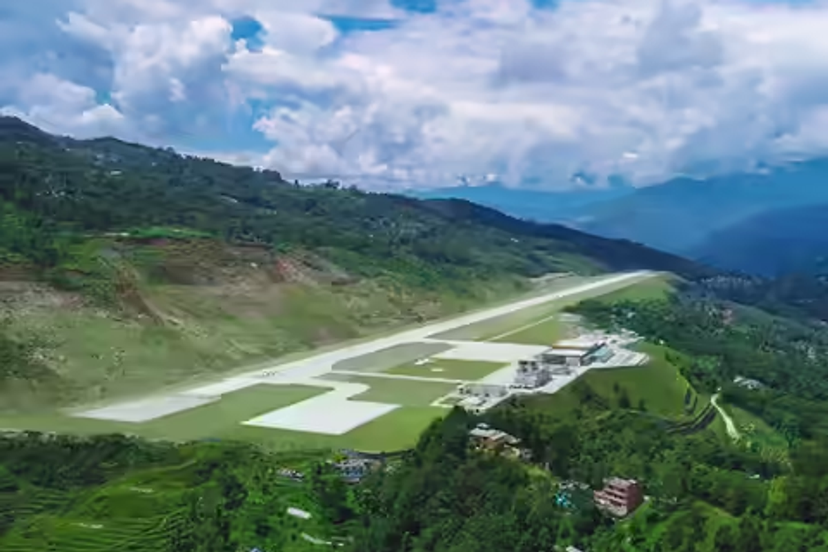 Pakyong Airport in Sikkim, a cinematic mountain airport surrounded by lush green peaks.
