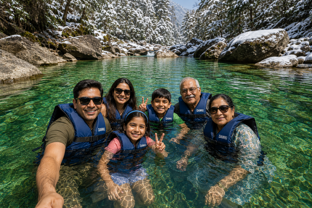Travelers wearing life jackets swimming in a crystal-clear, bright green natural mountain river pool during the winter season."
