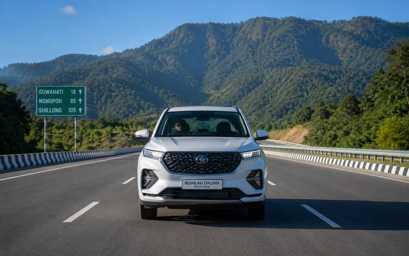 Front view of a private rental SUV driving on the smooth four lane National Highway 6 from Guwahati towards the Meghalaya hills under a clear blue sky