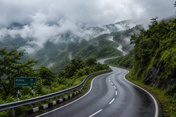 Winding two-lane asphalt highway on the road from Shillong to Cherrapunji flanked by lush green hills and rolling mist under a cloudy sky