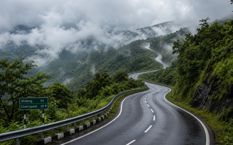 Winding two-lane asphalt highway on the road from Shillong to Cherrapunji flanked by lush green hills and rolling mist under a cloudy sky