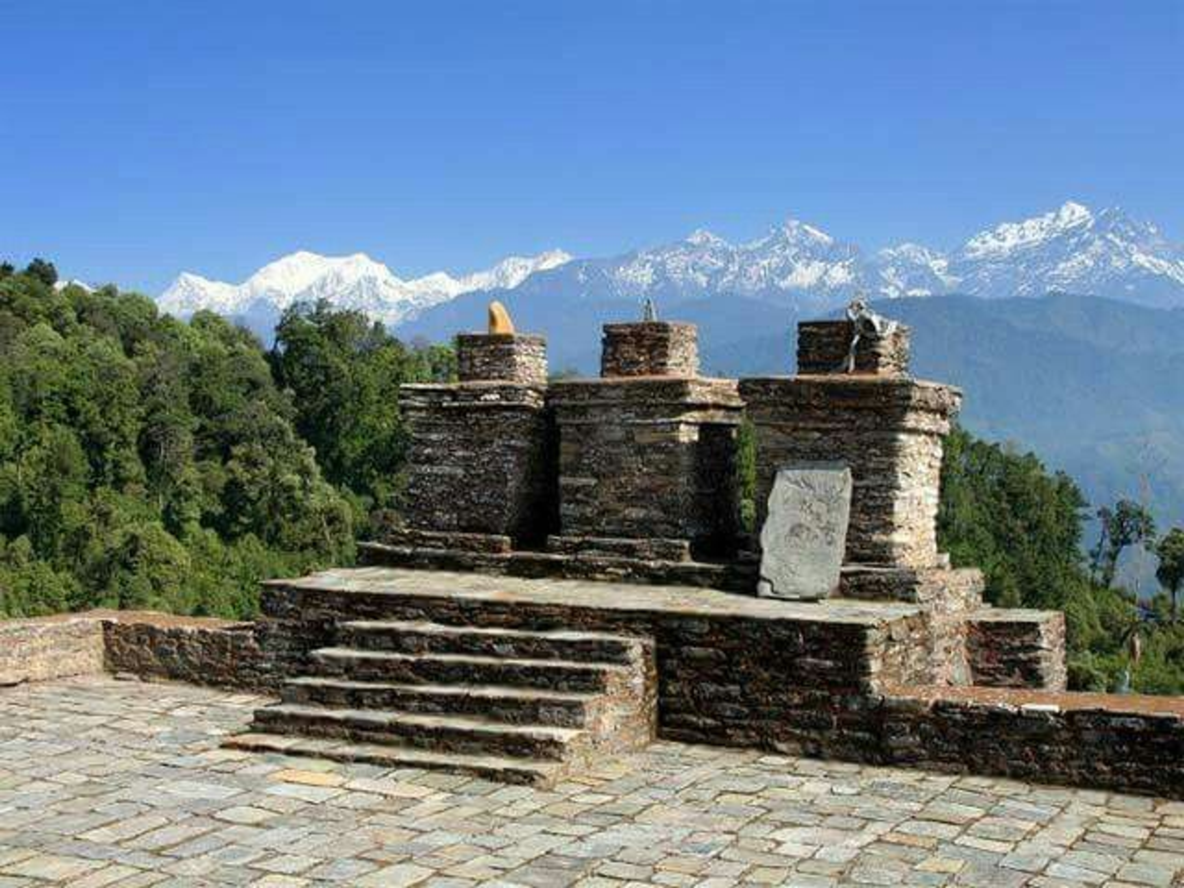 Ancient stone palace ruins of Rabdentse Pelling second capital of Sikkim Kingdom with mountain backdrop