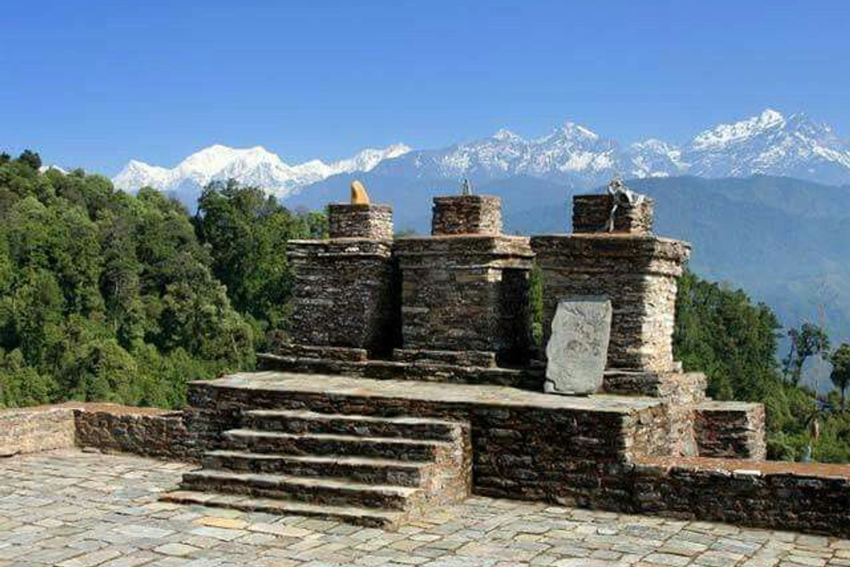 Ancient stone palace ruins of Rabdentse Pelling second capital of Sikkim Kingdom with mountain backdrop