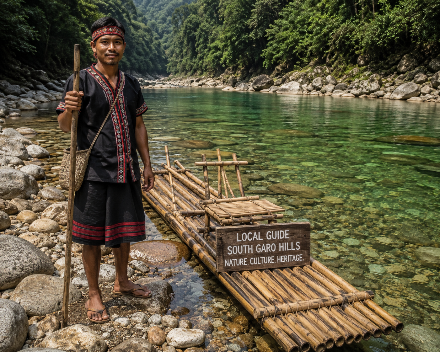 A local tribal guide standing beside a traditional bamboo raft on a rocky riverbank in the South Garo Hills."