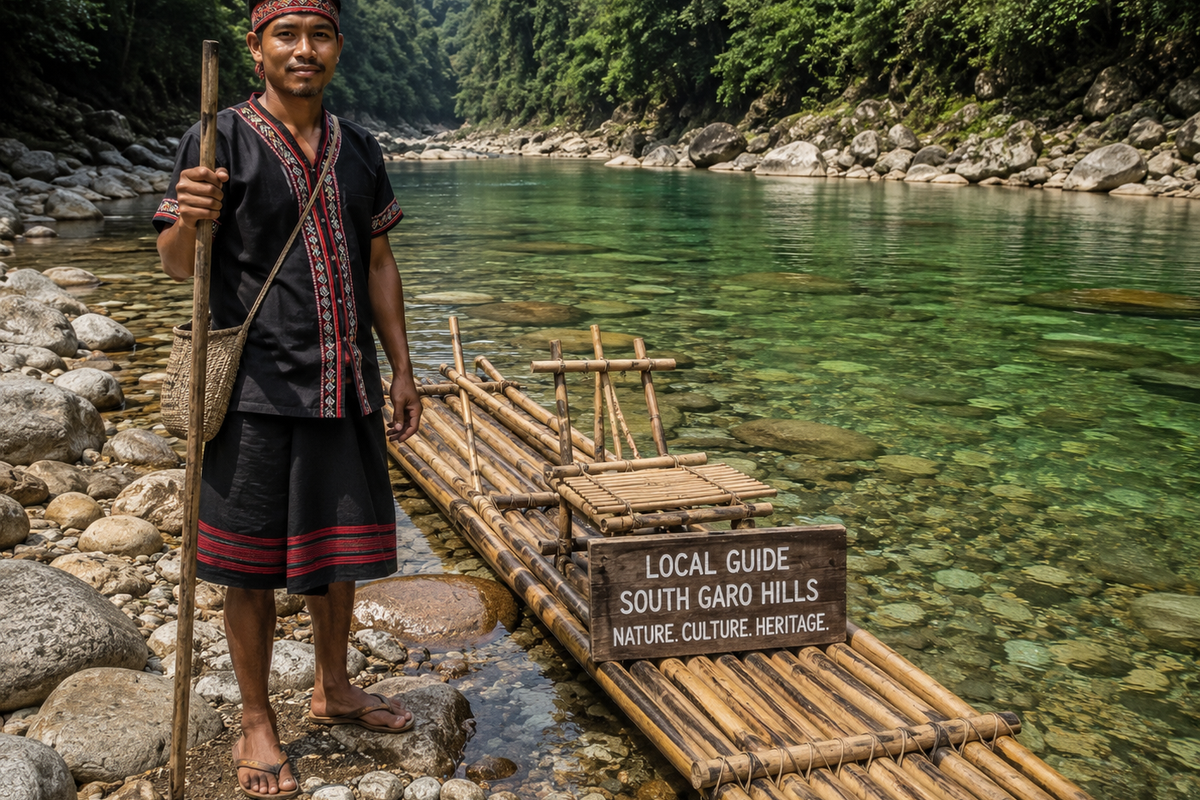 A local tribal guide standing beside a traditional bamboo raft on a rocky riverbank in the South Garo Hills."