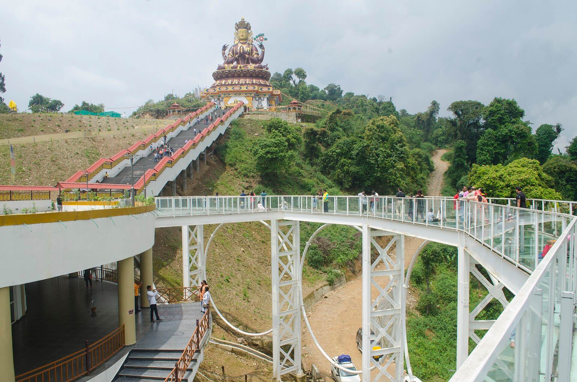 The glass skywalk and Chenrezig statue at Pelling