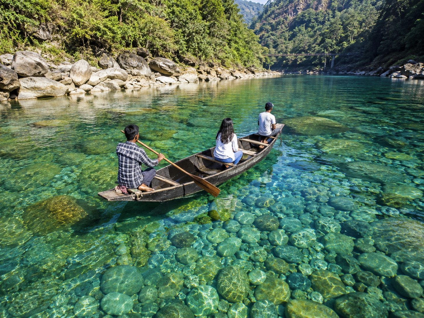A clear water boating experience on the transparent Umngot River in Shnongpdeng, Dawki.