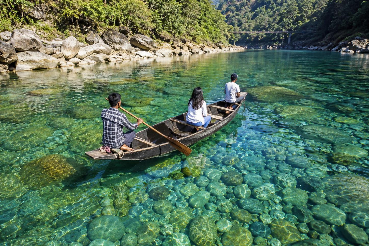 A clear water boating experience on the transparent Umngot River in Shnongpdeng, Dawki.
