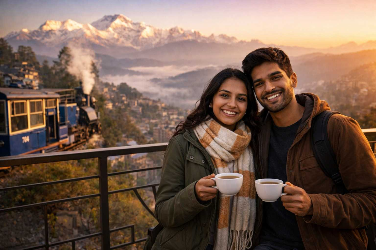  Romantic couple walking in MG Marg Gangtok at twilight with misty mountains in the background.