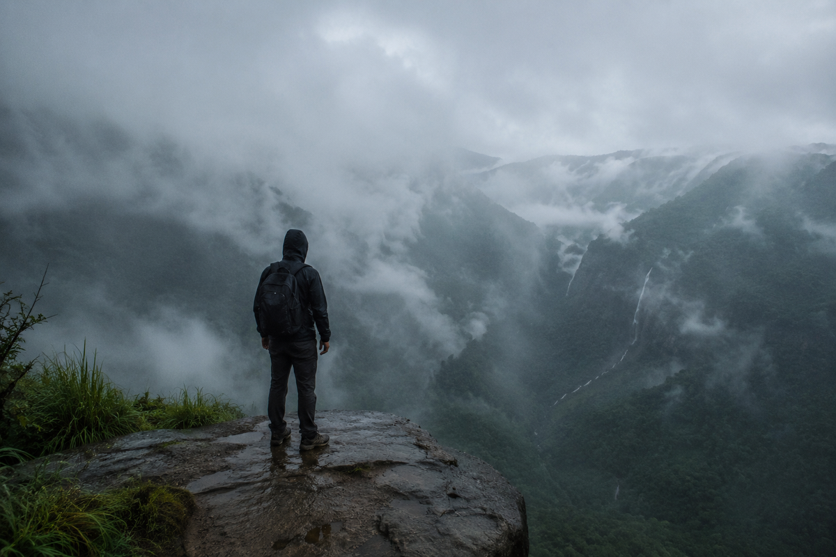 A moody, atmospheric photo of a traveler surrounded by thick mountain mist on the Cherrapunji rim."