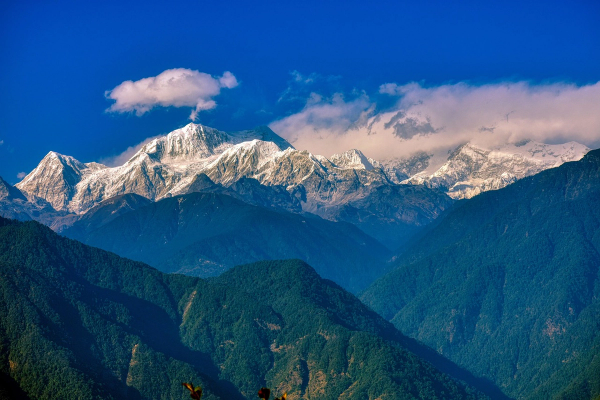Panoramic view of the rugged , white mountain range in sikkim.