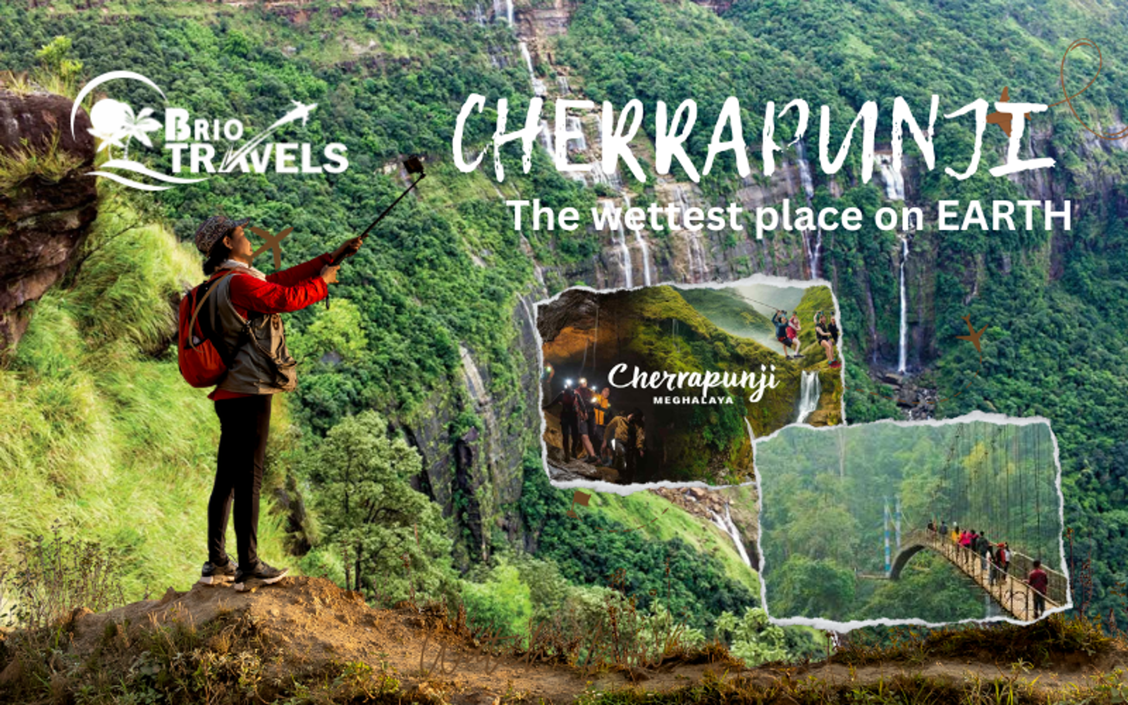 Traveler experiencing the rain in Cherrapunji Meghalaya.]