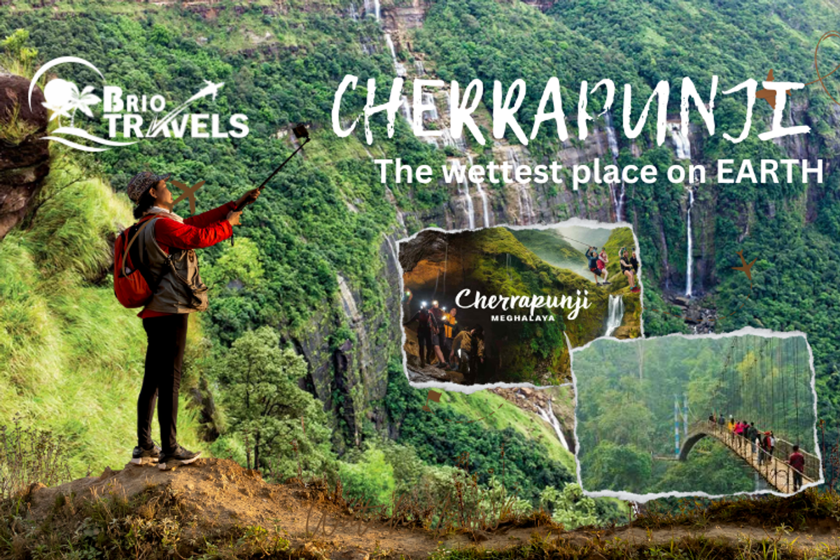 Traveler experiencing the rain in Cherrapunji Meghalaya.]