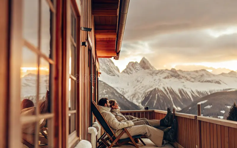 "A romantic couple standing on a wooden balcony overlooking the snow-capped Kanchenjunga mountains during sunrise in Sikkim."