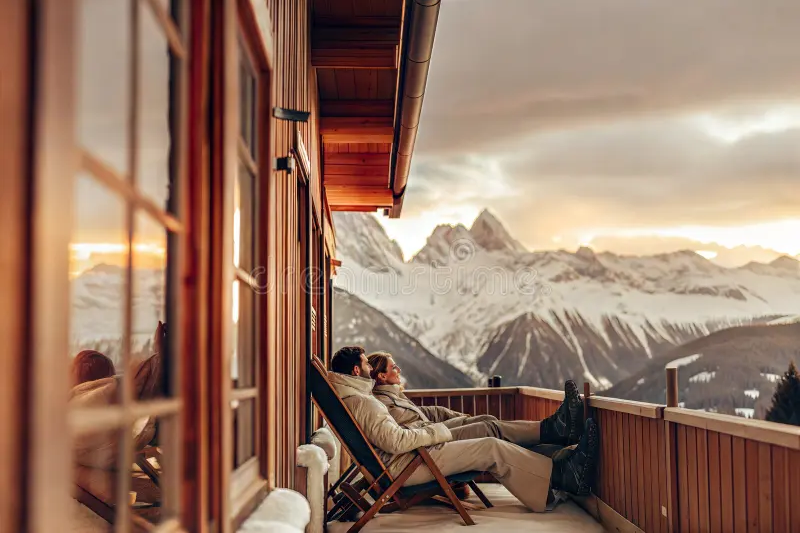 "A romantic couple standing on a wooden balcony overlooking the snow-capped Kanchenjunga mountains during sunrise in Sikkim."
