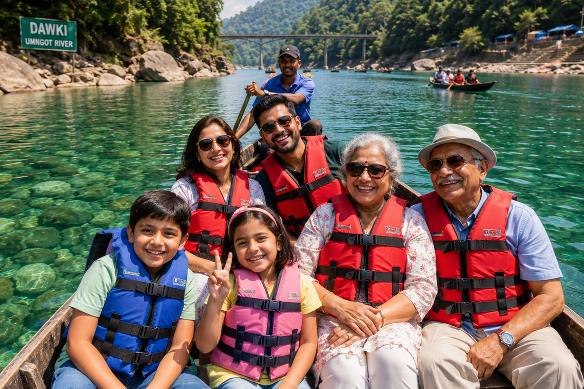 A multi-generational family enjoying a boat ride on the clear Umngot River in Dawki, showcasing safe water activities for kids and seniors.