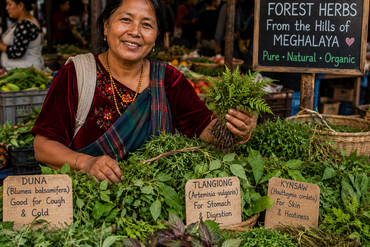 A Khasi woman vendor in traditional attire smiling while selling fresh forest herbs at a market in Shillong."