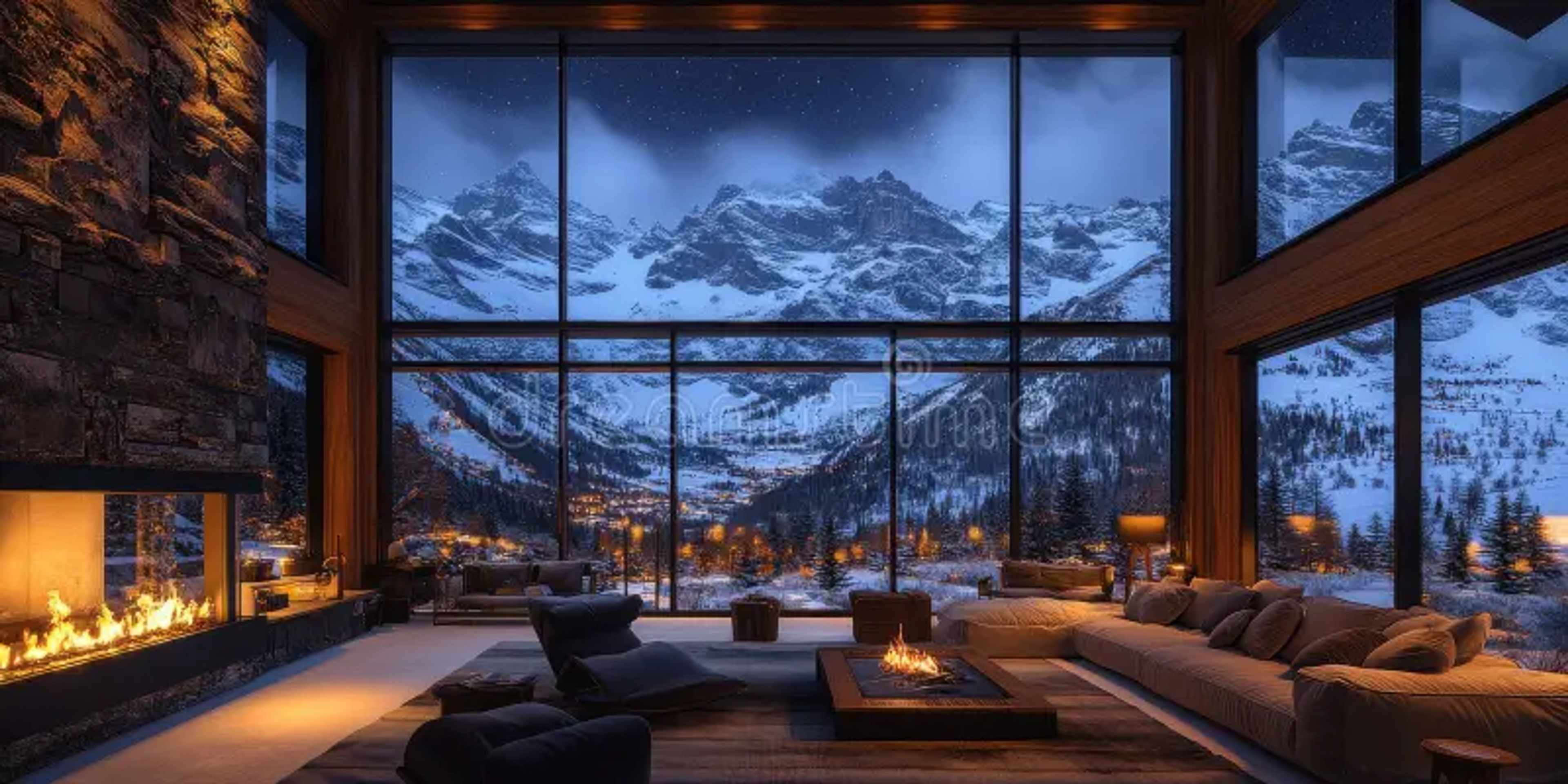 Interior of a luxury eco-homestay in Arunachal Pradesh with large windows viewing the Himalayan mountains.  