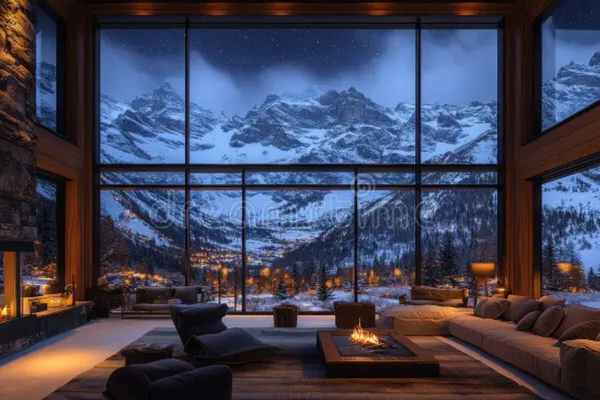 Interior of a luxury eco-homestay in Arunachal Pradesh with large windows viewing the Himalayan mountains.  