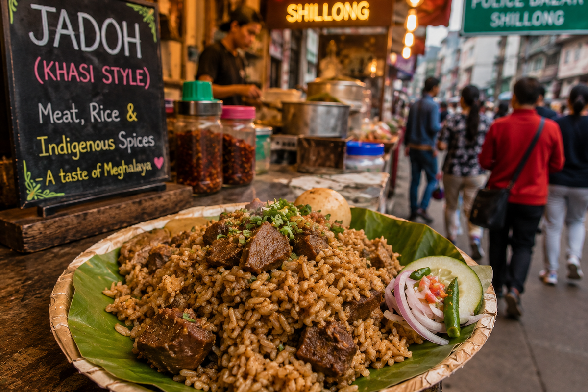 A plate of traditional Jadoh (Khasi meat and rice dish) served at a vibrant street food stall in Police Bazar, Shillong."