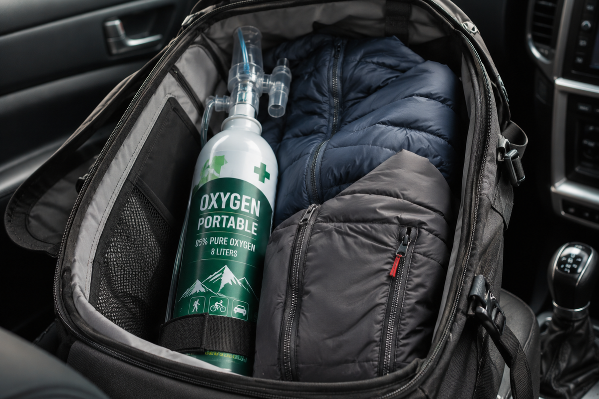 A close up of a travel backpack inside a car cabin containing a portable oxygen bottle and warm winter jackets.
