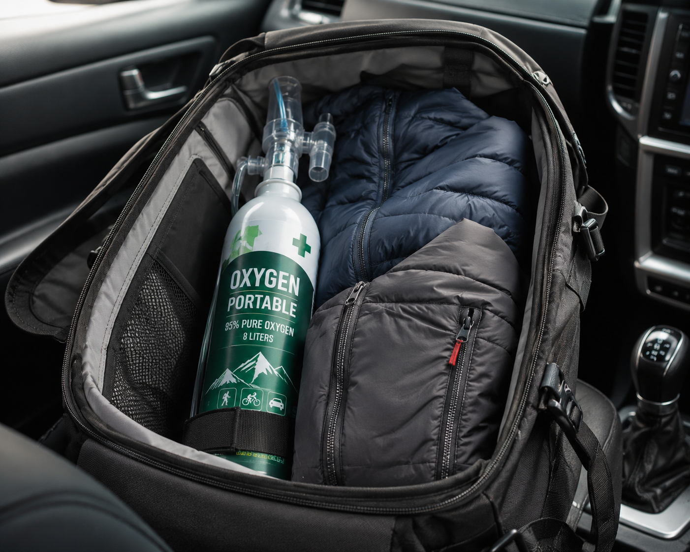 A close up of a travel backpack inside a car cabin containing a portable oxygen bottle and warm winter jackets.