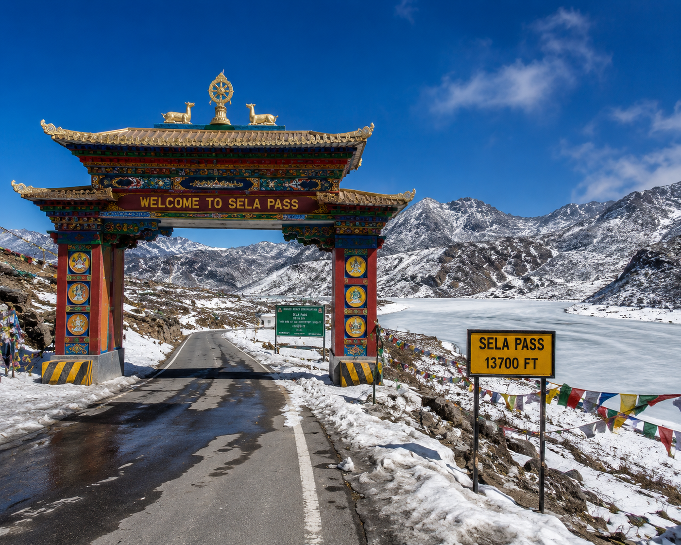 The high-altitude gate structure at Sela Pass under clear blue skies, with snow patches surrounding the frozen Sela Lake.