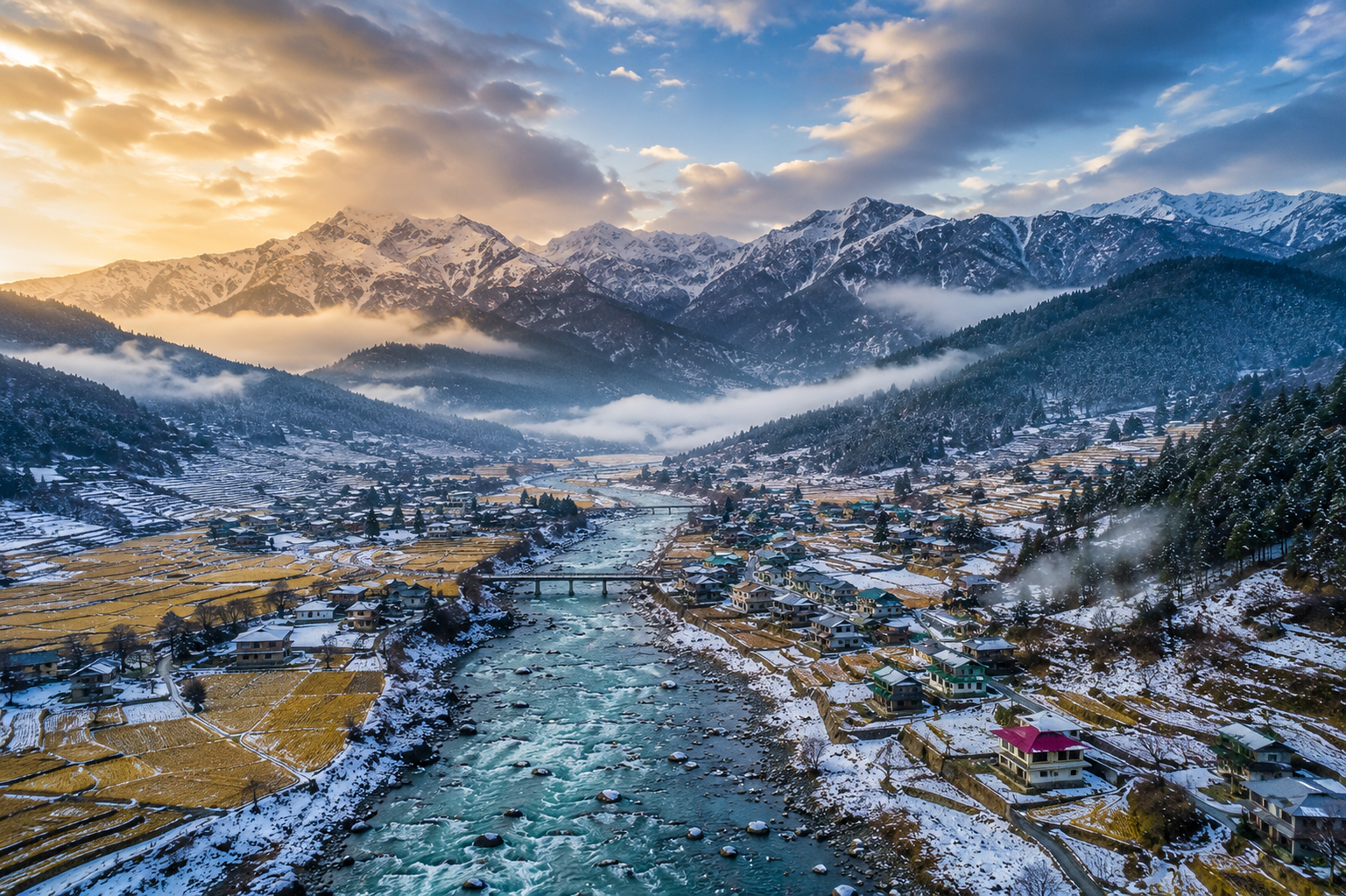 Cinematic aerial view of Dirang Valley in Arunachal Pradesh with mountains and river.