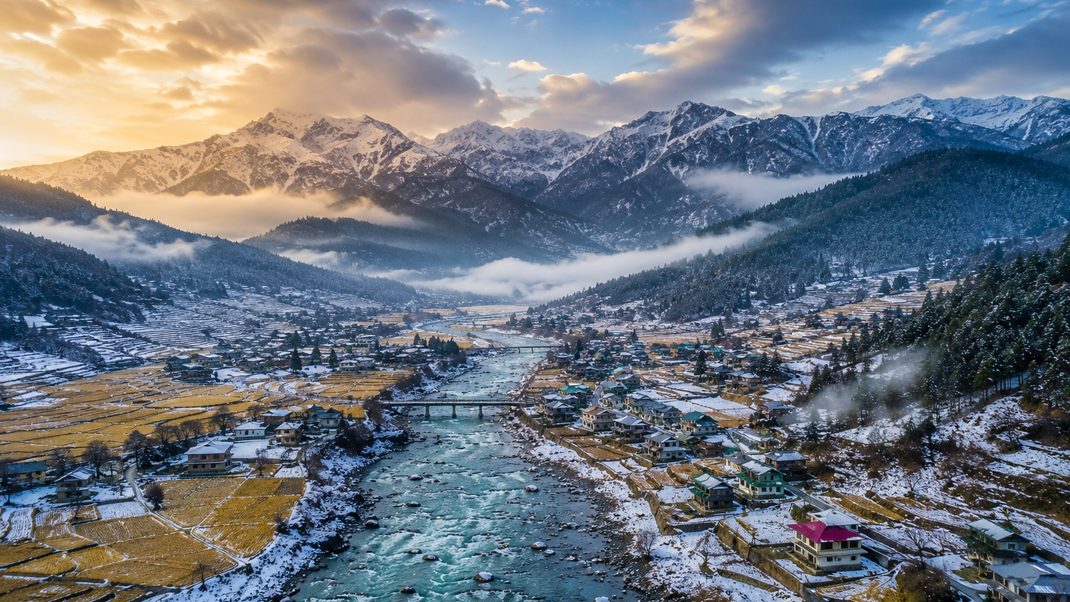 Cinematic aerial view of Dirang Valley in Arunachal Pradesh with mountains and river.