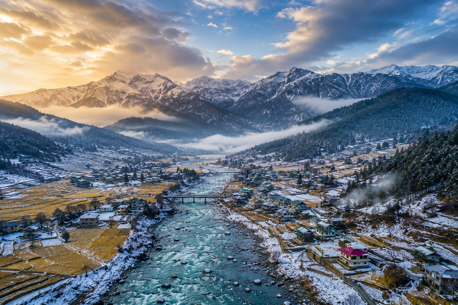 Cinematic aerial view of Dirang Valley in Arunachal Pradesh with mountains and river.