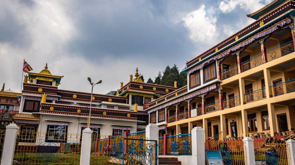 Bomdila Monastery with panoramic snow-capped Himalayan Mountain views and misty valley in Arunachal Pradesh, Northeast India