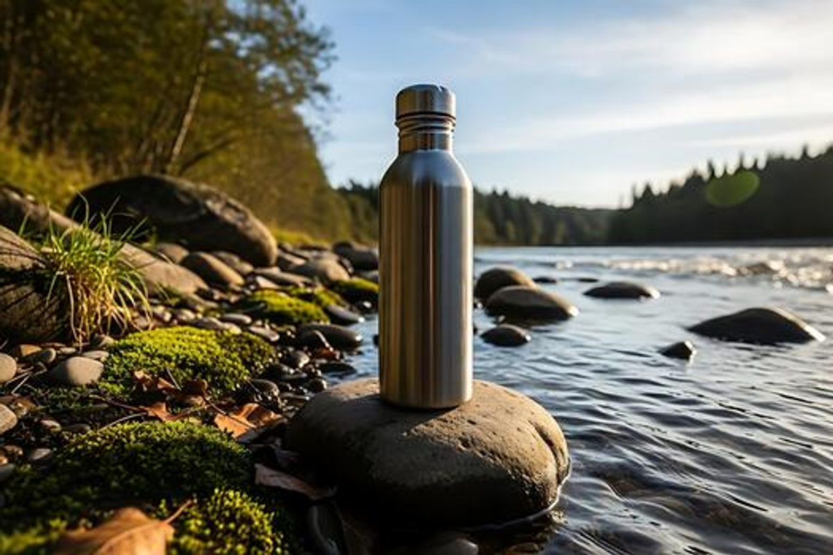 A reusable stainless steel water bottle placed near a clear mountain stream in Sikkim, promoting eco-friendly travel.
