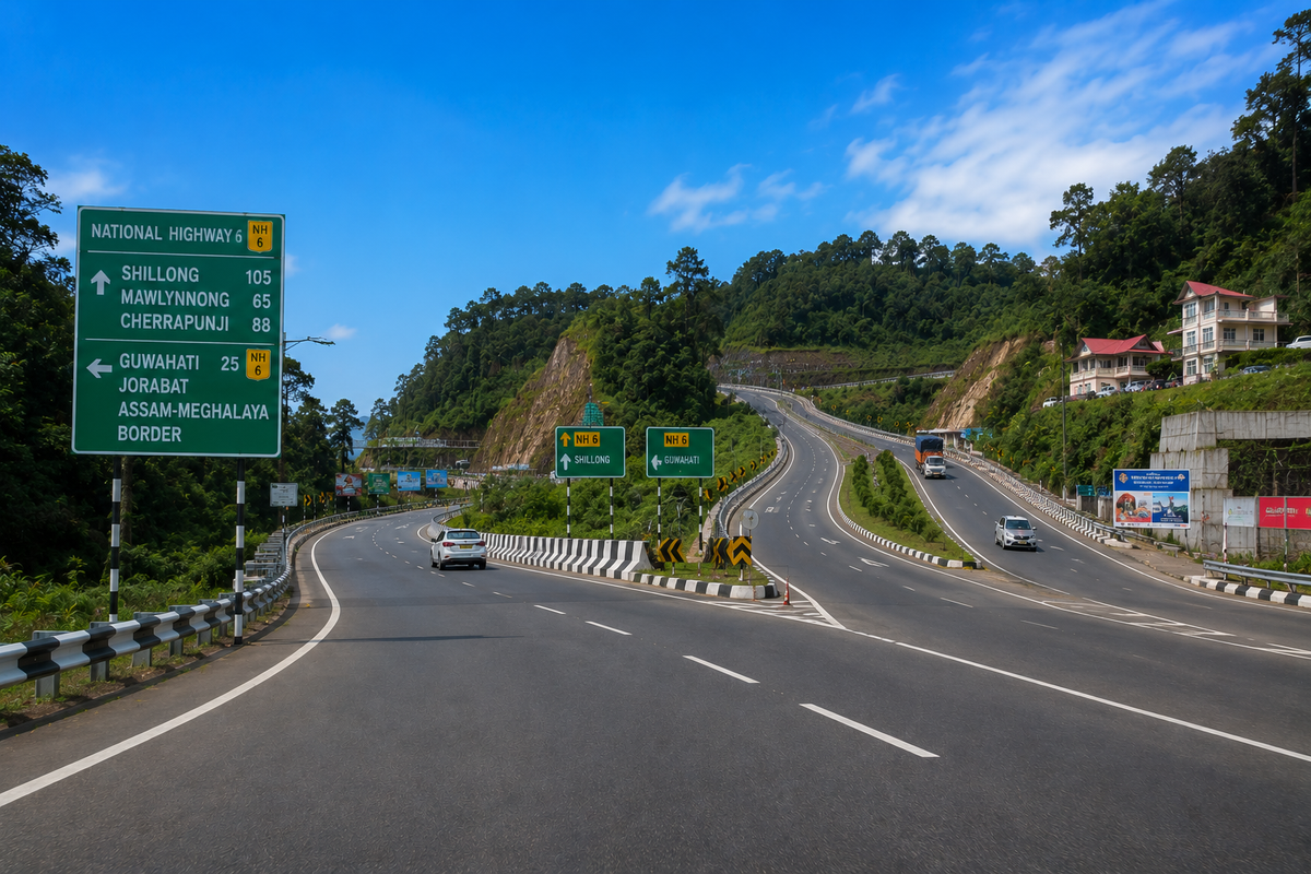 A wide angle view of the wide four lane National Highway 6 twisting uphill at the Jorabat Assam Meghalaya border intersection