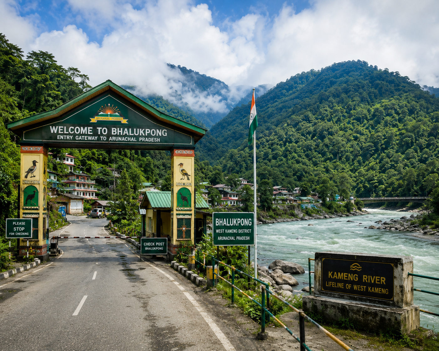 The tropical entry checkpoint at Bhalukpong, Arunachal Pradesh, showcasing the Kameng River cutting through lush green foothills.