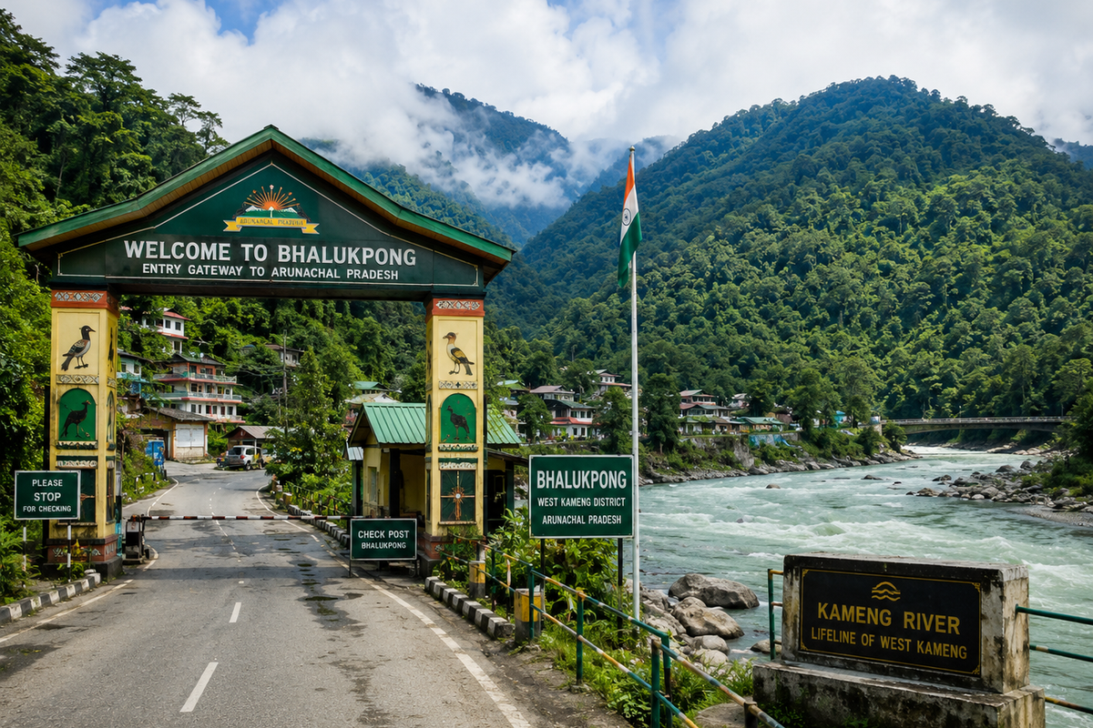 The tropical entry checkpoint at Bhalukpong, Arunachal Pradesh, showcasing the Kameng River cutting through lush green foothills.