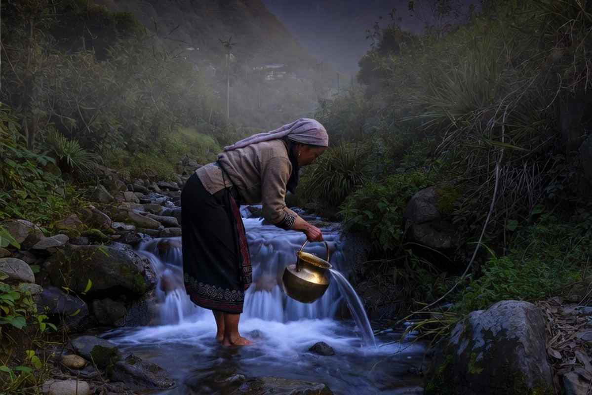 A local woman in traditional dress filling a polished brass pot with water from a natural mountain spring during twilight in Sikkim.